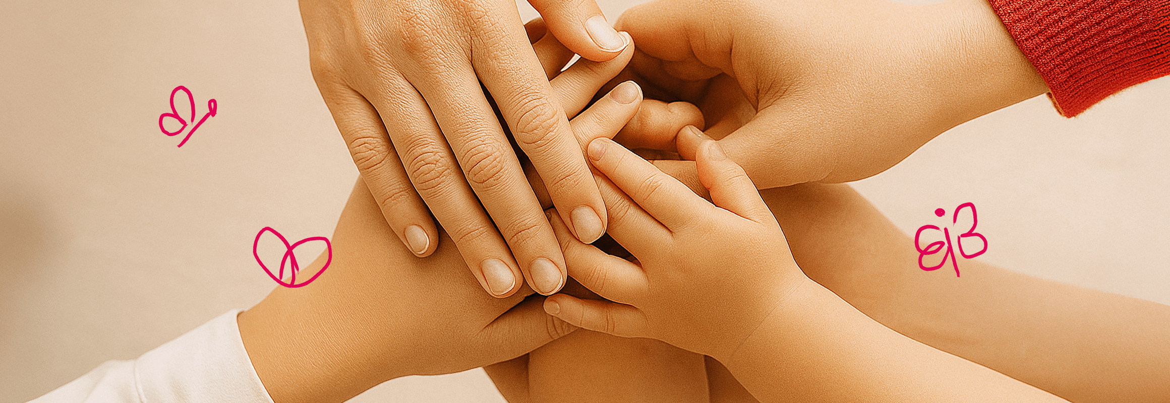 Dłonie dorosłych i dzieci symbolizujące wsparcie i jedność Fundacji Forward