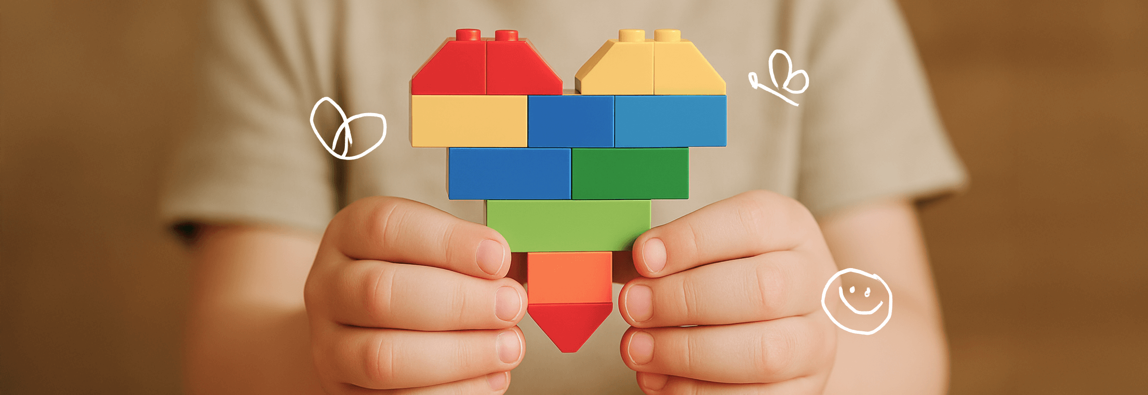Dziecko trzymające serce z kolorowych klocków symbolizujące kreatywność i rozwój w Fundacji Forward