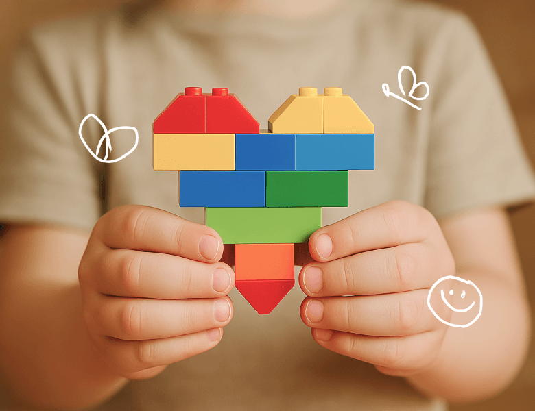 Dziecko trzymające serce z kolorowych klocków symbolizujące kreatywność i rozwój w Fundacji Forward